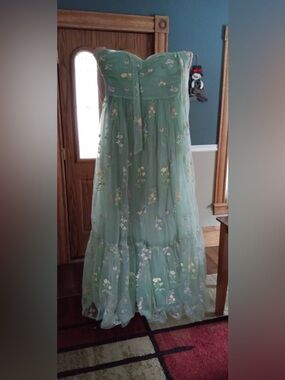 Green Embroidered Floral Tulle Gown